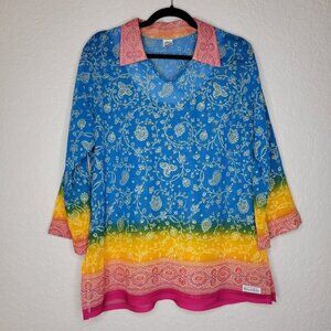 Designer Look Tunic Blue Yellow Vibrant Floral Semi Sheer V Neck Glitter Boho